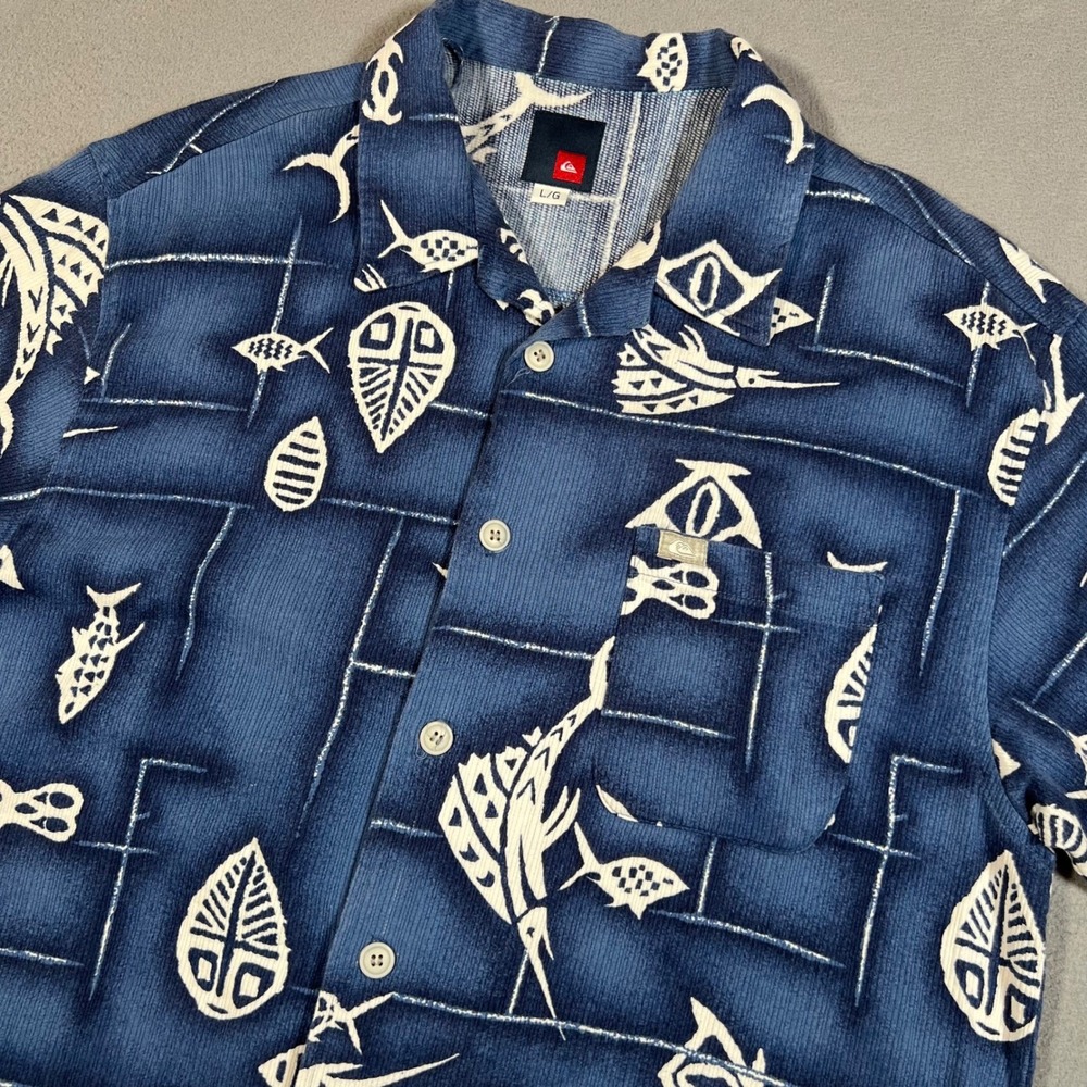 VTG Quiksilver Button Up Hawaiian Shirt Men L Blue Marlin Fish Made in USA Rayon